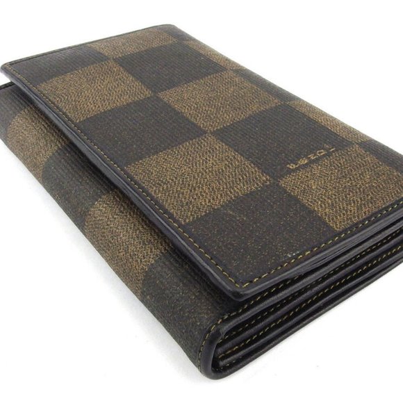 Authentic FENDI L-shaped zipper purse block check beige PVC ~ leather Auth used - Picture 4 of 9